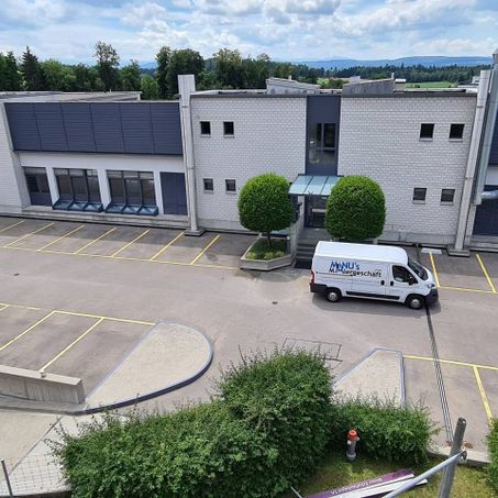 Fahrzeug der Manu's Malergeschäft AG vor einem Industriegebäude